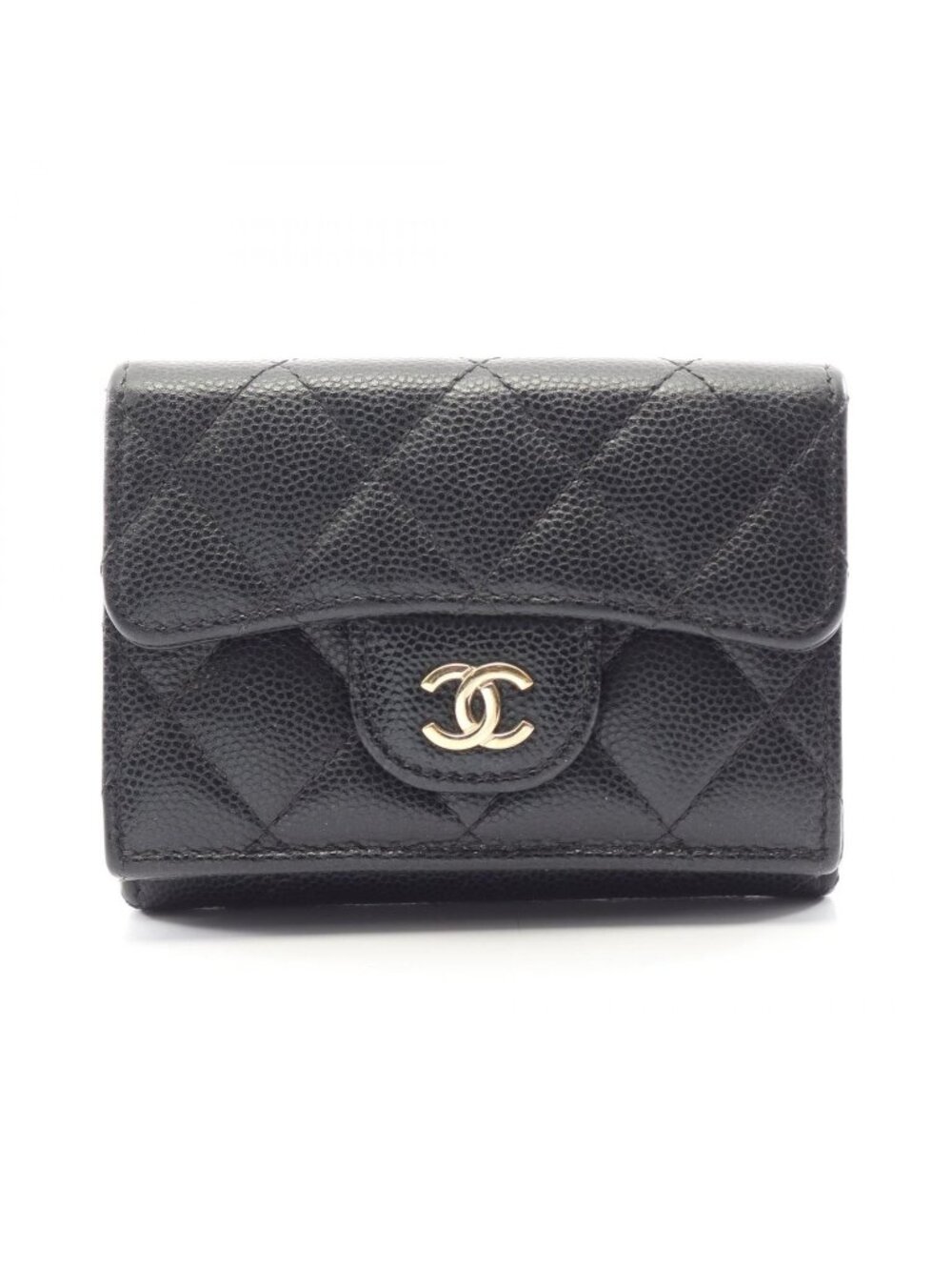 Chanel Trifold Wallet Classic Small Flap Quilted Black Caviar Leather Compact